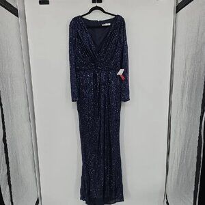 Mac Duggal 26490 Sequin Long Sleeve Faux Wrap Midnight Navy Gown Dress Size 12